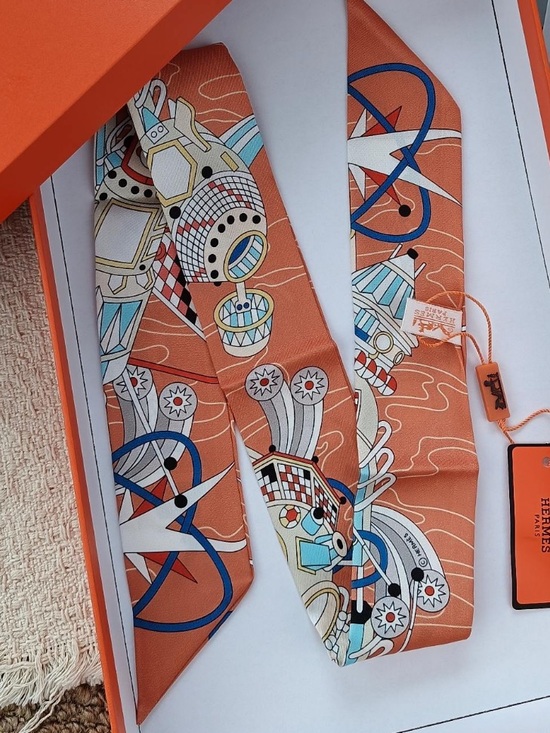 Accessories - “H” Designer Orange Odyssey Silk Twilly Scarf